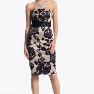 WHBM Womens Size 0 Tan/Black Strapless Pencil Dress Floral Belted Waist Hem Slit